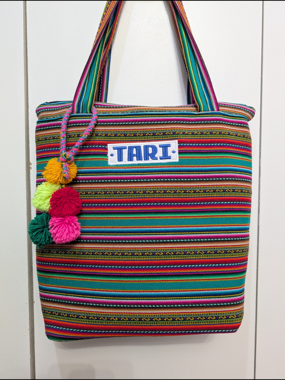 Like New Multicolored Embroidered Tote Shoulder Bag with Pom-Poms